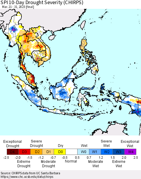 South East Asia SPI 10-Day Drought Severity (CHIRPS) Thematic Map For 3/21/2023 - 3/31/2023