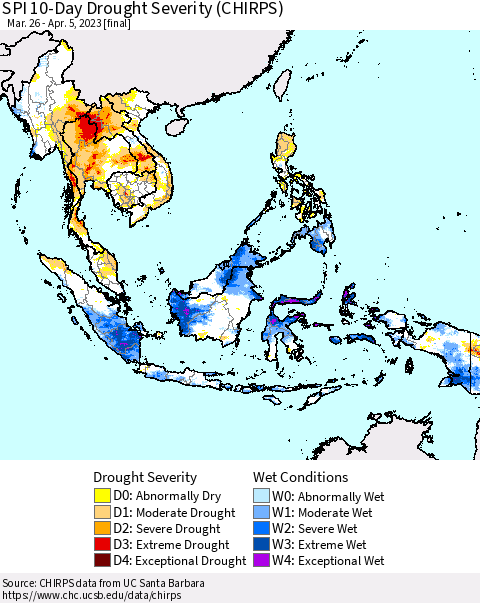 South East Asia SPI 10-Day Drought Severity (CHIRPS) Thematic Map For 3/26/2023 - 4/5/2023
