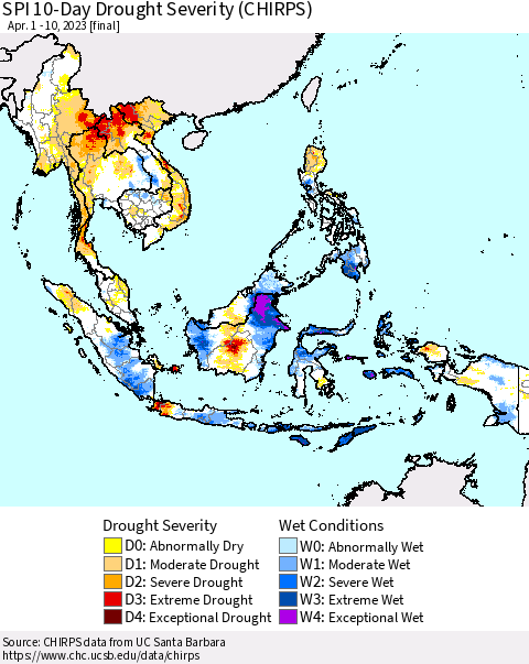 South East Asia SPI 10-Day Drought Severity (CHIRPS) Thematic Map For 4/1/2023 - 4/10/2023