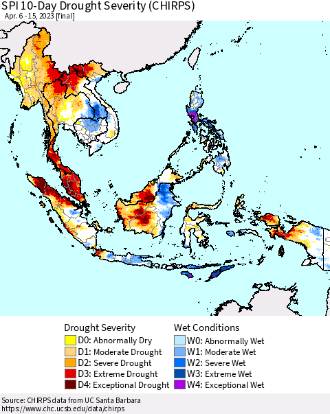 South East Asia SPI 10-Day Drought Severity (CHIRPS) Thematic Map For 4/6/2023 - 4/15/2023
