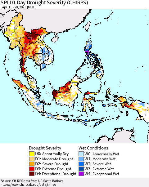 South East Asia SPI 10-Day Drought Severity (CHIRPS) Thematic Map For 4/11/2023 - 4/20/2023