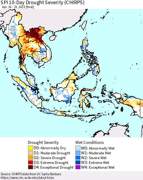South East Asia SPI 10-Day Drought Severity (CHIRPS) Thematic Map For 4/16/2023 - 4/25/2023