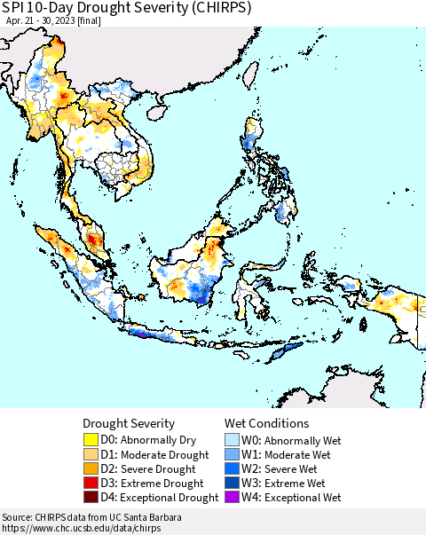 South East Asia SPI 10-Day Drought Severity (CHIRPS) Thematic Map For 4/21/2023 - 4/30/2023