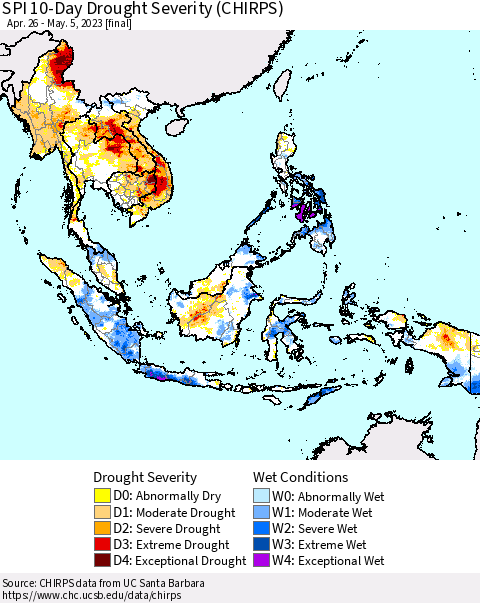 South East Asia SPI 10-Day Drought Severity (CHIRPS) Thematic Map For 4/26/2023 - 5/5/2023