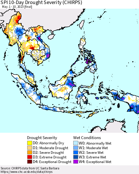 South East Asia SPI 10-Day Drought Severity (CHIRPS) Thematic Map For 5/1/2023 - 5/10/2023