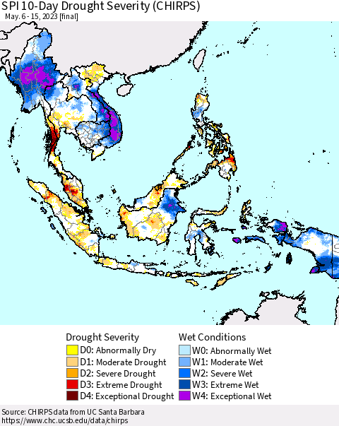 South East Asia SPI 10-Day Drought Severity (CHIRPS) Thematic Map For 5/6/2023 - 5/15/2023