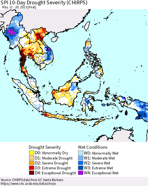South East Asia SPI 10-Day Drought Severity (CHIRPS) Thematic Map For 5/11/2023 - 5/20/2023