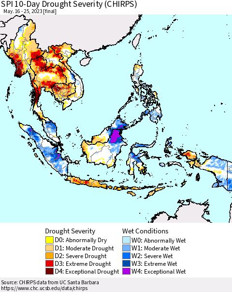 South East Asia SPI 10-Day Drought Severity (CHIRPS) Thematic Map For 5/16/2023 - 5/25/2023