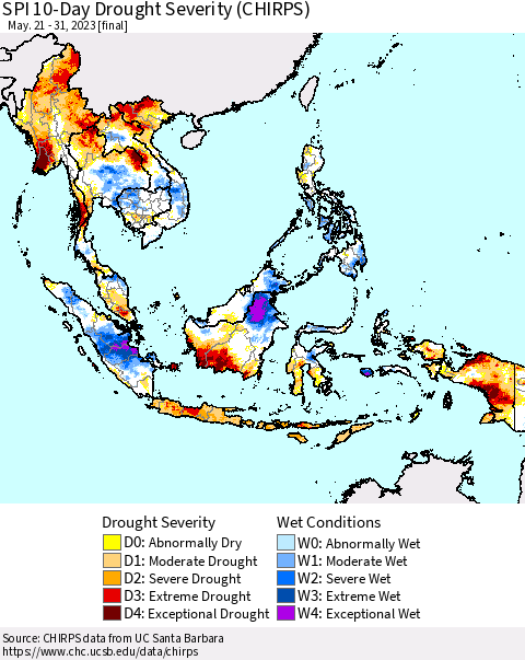South East Asia SPI 10-Day Drought Severity (CHIRPS) Thematic Map For 5/21/2023 - 5/31/2023