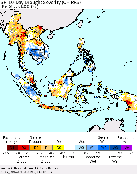 South East Asia SPI 10-Day Drought Severity (CHIRPS) Thematic Map For 5/26/2023 - 6/5/2023