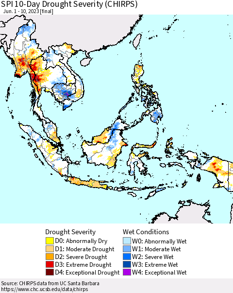 South East Asia SPI 10-Day Drought Severity (CHIRPS) Thematic Map For 6/1/2023 - 6/10/2023
