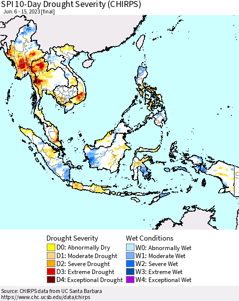 South East Asia SPI 10-Day Drought Severity (CHIRPS) Thematic Map For 6/6/2023 - 6/15/2023