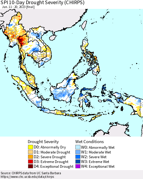 South East Asia SPI 10-Day Drought Severity (CHIRPS) Thematic Map For 6/11/2023 - 6/20/2023