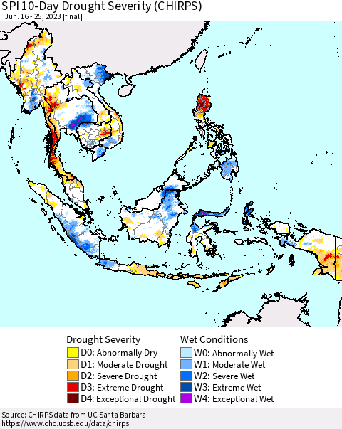 South East Asia SPI 10-Day Drought Severity (CHIRPS) Thematic Map For 6/16/2023 - 6/25/2023