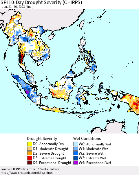 South East Asia SPI 10-Day Drought Severity (CHIRPS) Thematic Map For 6/21/2023 - 6/30/2023