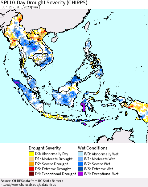 South East Asia SPI 10-Day Drought Severity (CHIRPS) Thematic Map For 6/26/2023 - 7/5/2023