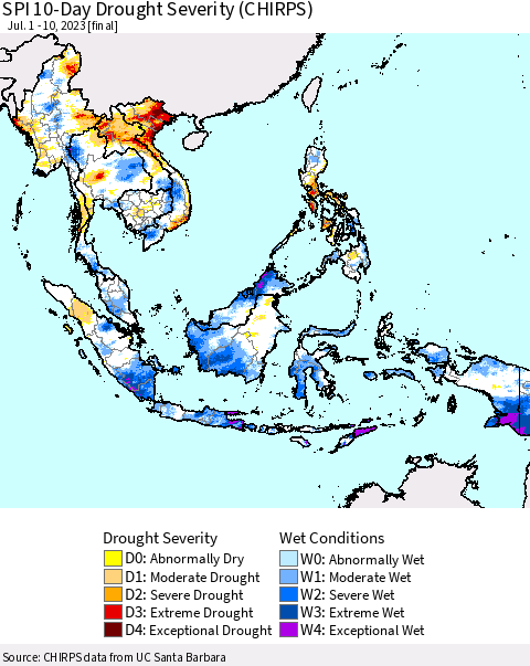 South East Asia SPI 10-Day Drought Severity (CHIRPS) Thematic Map For 7/1/2023 - 7/10/2023