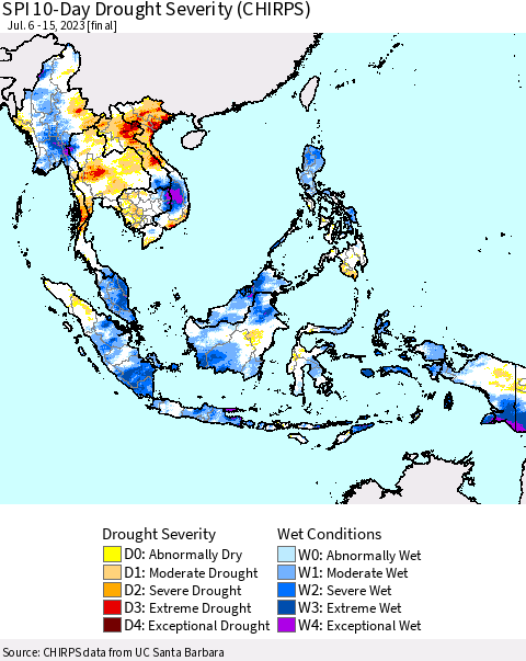 South East Asia SPI 10-Day Drought Severity (CHIRPS) Thematic Map For 7/6/2023 - 7/15/2023