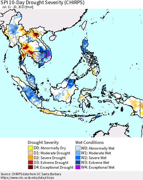 South East Asia SPI 10-Day Drought Severity (CHIRPS) Thematic Map For 7/11/2023 - 7/20/2023