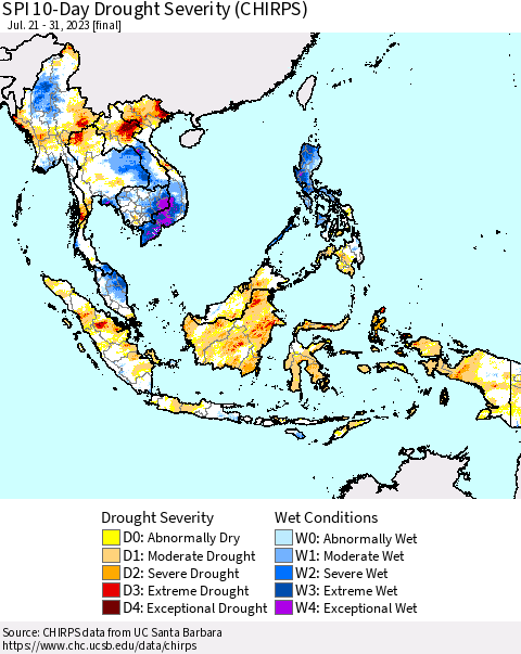 South East Asia SPI 10-Day Drought Severity (CHIRPS) Thematic Map For 7/21/2023 - 7/31/2023