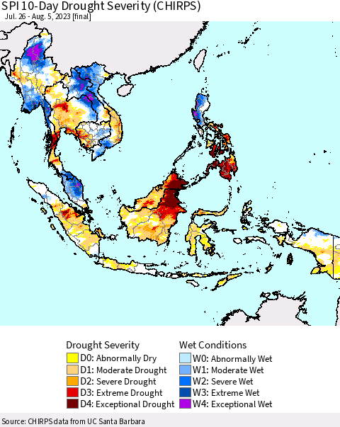 South East Asia SPI 10-Day Drought Severity (CHIRPS) Thematic Map For 7/26/2023 - 8/5/2023
