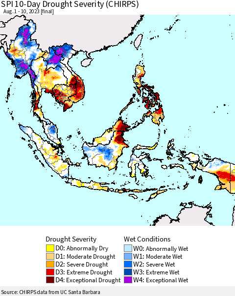 South East Asia SPI 10-Day Drought Severity (CHIRPS) Thematic Map For 8/1/2023 - 8/10/2023