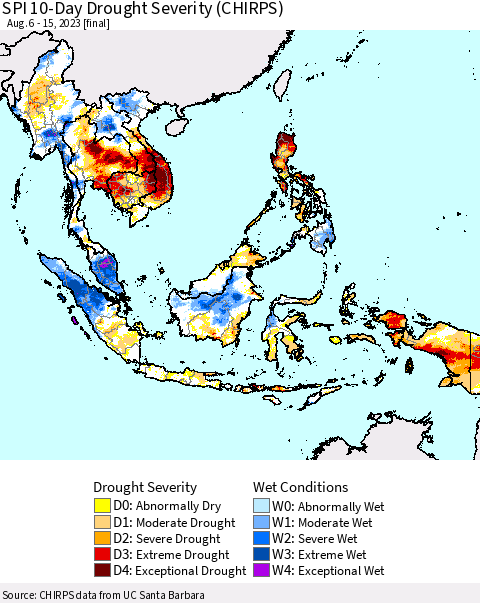 South East Asia SPI 10-Day Drought Severity (CHIRPS) Thematic Map For 8/6/2023 - 8/15/2023