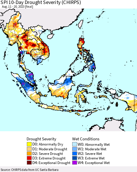 South East Asia SPI 10-Day Drought Severity (CHIRPS) Thematic Map For 8/11/2023 - 8/20/2023