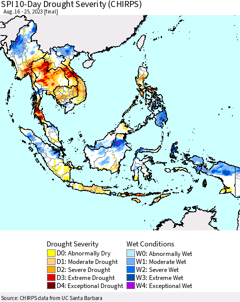 South East Asia SPI 10-Day Drought Severity (CHIRPS) Thematic Map For 8/16/2023 - 8/25/2023