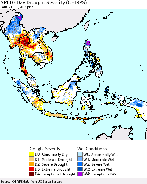 South East Asia SPI 10-Day Drought Severity (CHIRPS) Thematic Map For 8/21/2023 - 8/31/2023
