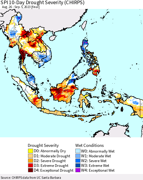 South East Asia SPI 10-Day Drought Severity (CHIRPS) Thematic Map For 8/26/2023 - 9/5/2023