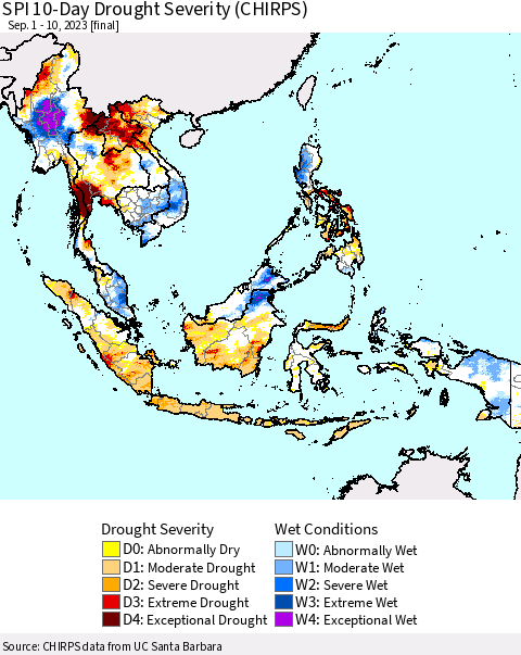 South East Asia SPI 10-Day Drought Severity (CHIRPS) Thematic Map For 9/1/2023 - 9/10/2023
