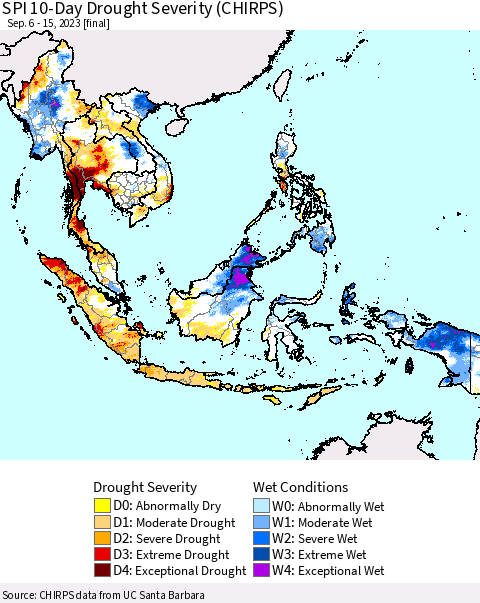 South East Asia SPI 10-Day Drought Severity (CHIRPS) Thematic Map For 9/6/2023 - 9/15/2023