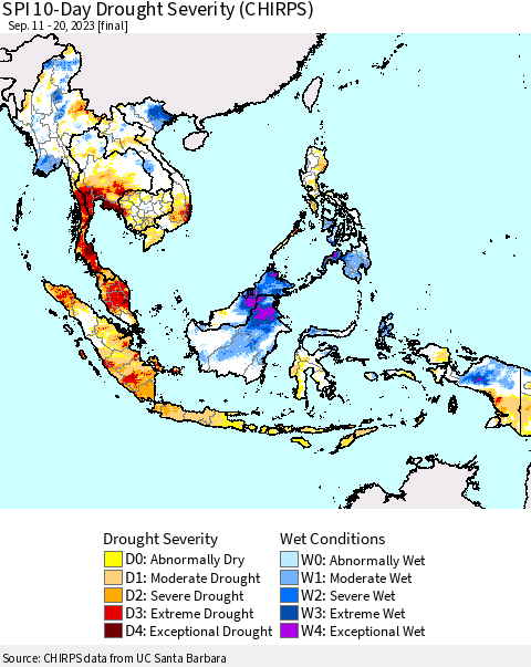 South East Asia SPI 10-Day Drought Severity (CHIRPS) Thematic Map For 9/11/2023 - 9/20/2023