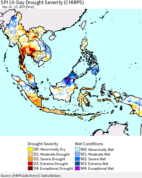 South East Asia SPI 10-Day Drought Severity (CHIRPS) Thematic Map For 9/16/2023 - 9/25/2023