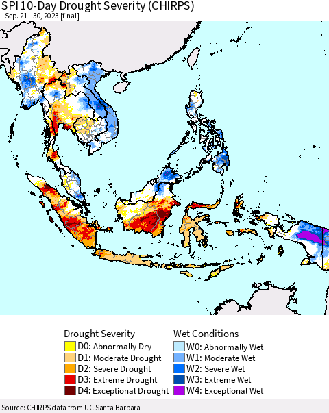 South East Asia SPI 10-Day Drought Severity (CHIRPS) Thematic Map For 9/21/2023 - 9/30/2023