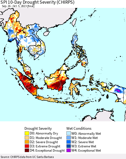 South East Asia SPI 10-Day Drought Severity (CHIRPS) Thematic Map For 9/26/2023 - 10/5/2023