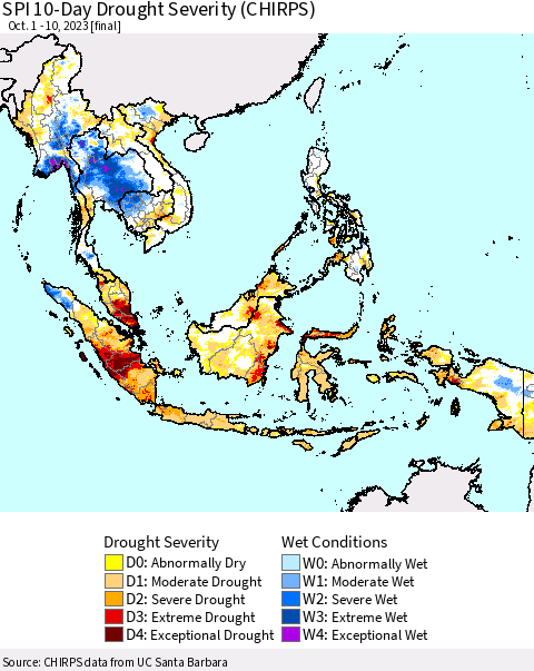 South East Asia SPI 10-Day Drought Severity (CHIRPS) Thematic Map For 10/1/2023 - 10/10/2023