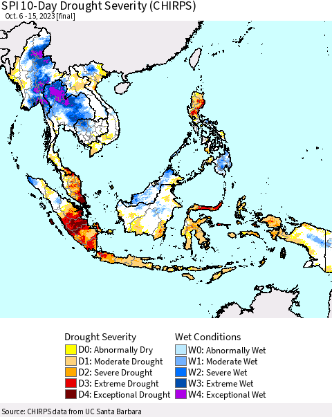 South East Asia SPI 10-Day Drought Severity (CHIRPS) Thematic Map For 10/6/2023 - 10/15/2023