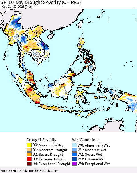 South East Asia SPI 10-Day Drought Severity (CHIRPS) Thematic Map For 10/11/2023 - 10/20/2023