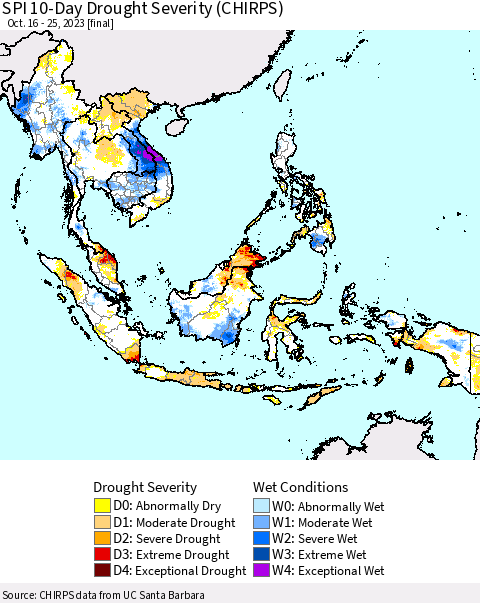 South East Asia SPI 10-Day Drought Severity (CHIRPS) Thematic Map For 10/16/2023 - 10/25/2023