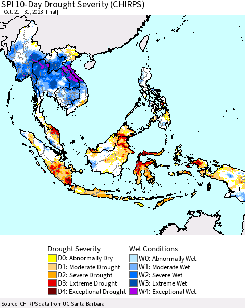 South East Asia SPI 10-Day Drought Severity (CHIRPS) Thematic Map For 10/21/2023 - 10/31/2023