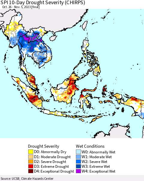 South East Asia SPI 10-Day Drought Severity (CHIRPS) Thematic Map For 10/26/2023 - 11/5/2023