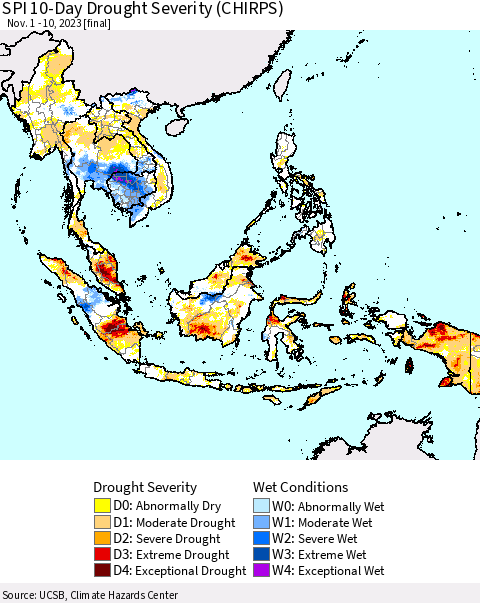 South East Asia SPI 10-Day Drought Severity (CHIRPS) Thematic Map For 11/1/2023 - 11/10/2023
