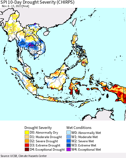 South East Asia SPI 10-Day Drought Severity (CHIRPS) Thematic Map For 11/6/2023 - 11/15/2023