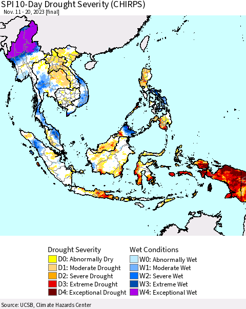 South East Asia SPI 10-Day Drought Severity (CHIRPS) Thematic Map For 11/11/2023 - 11/20/2023