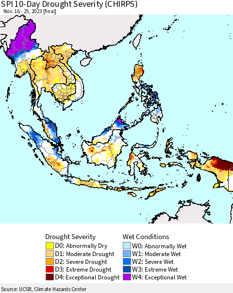 South East Asia SPI 10-Day Drought Severity (CHIRPS) Thematic Map For 11/16/2023 - 11/25/2023