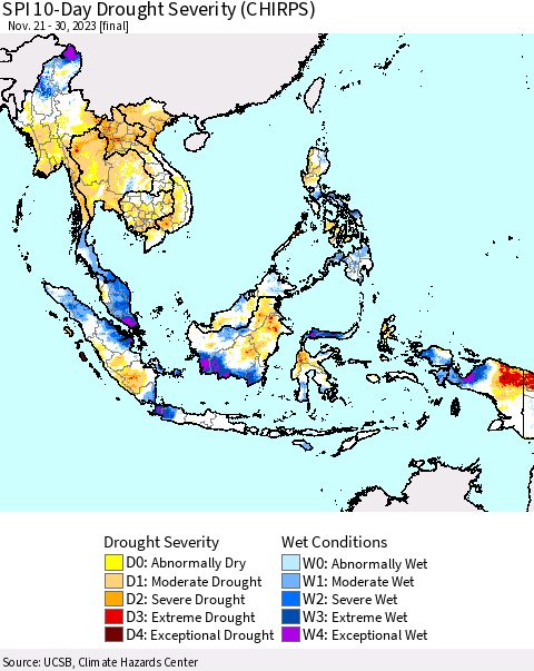 South East Asia SPI 10-Day Drought Severity (CHIRPS) Thematic Map For 11/21/2023 - 11/30/2023
