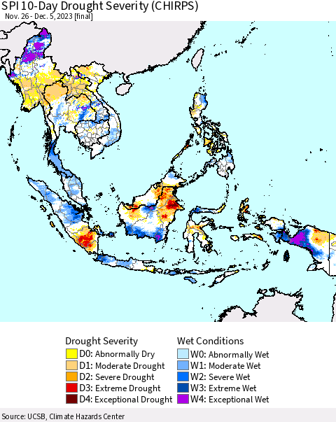 South East Asia SPI 10-Day Drought Severity (CHIRPS) Thematic Map For 11/26/2023 - 12/5/2023