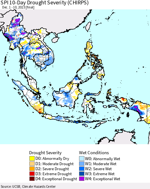South East Asia SPI 10-Day Drought Severity (CHIRPS) Thematic Map For 12/1/2023 - 12/10/2023